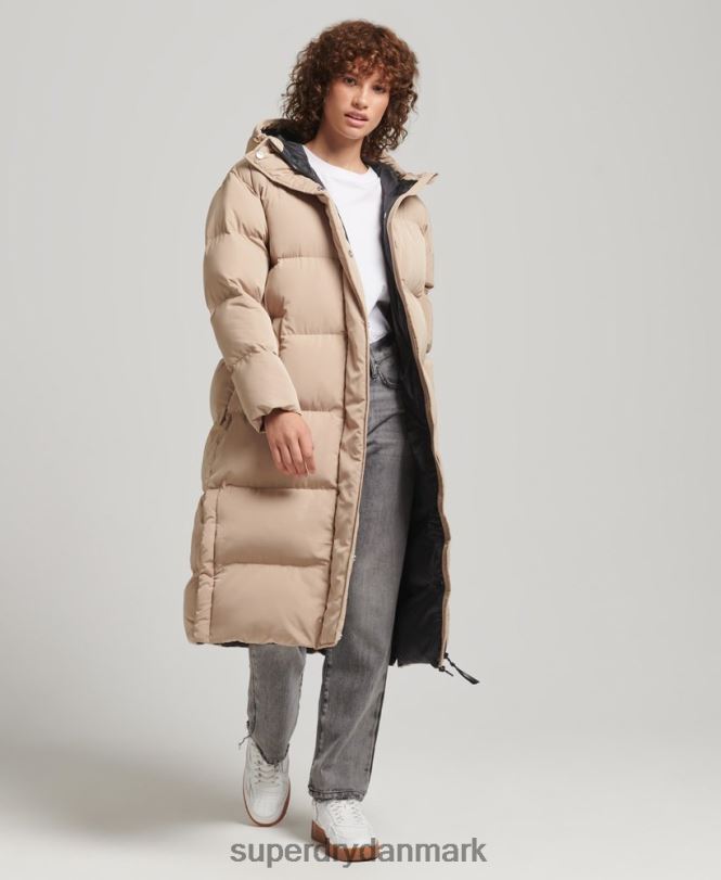 Superdry beige Kvinder tøj hooded longline puffer coat 868VH3595